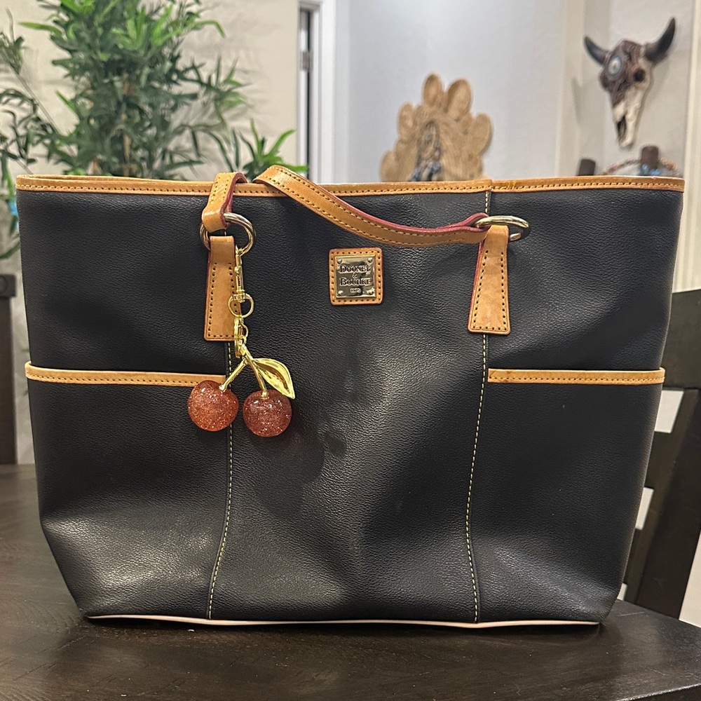 Dooney & Bourke #133 Black Leather Tote with Tan Trim and Cherry Charm